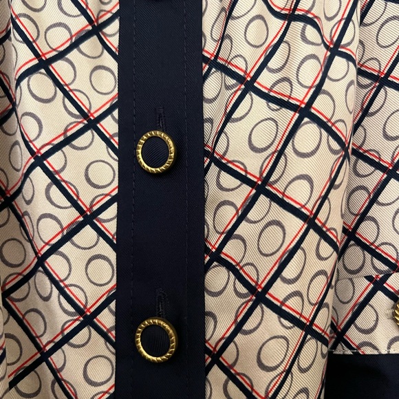 Juicy Couture Silk Top
Size: 10
Color Navy, white, and red with gold buttons - Picture 5 of 9